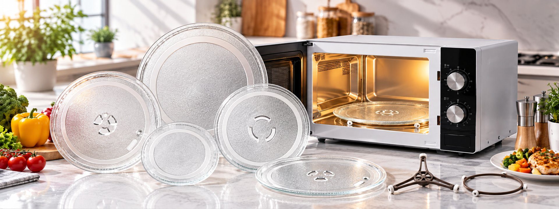 Microwave glass turntable plates in several sizes and roller supports on a kitchen counter next to a microwave oven